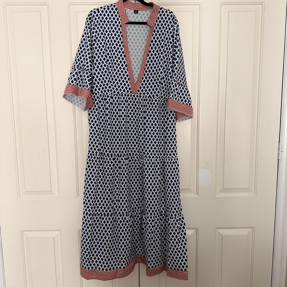 SHEIN Dresses & Skirts - Shein Dress Womens 4XL Blue Geometric Kaftan Maxi V Neck 3/4 Bell Sleeve Boho